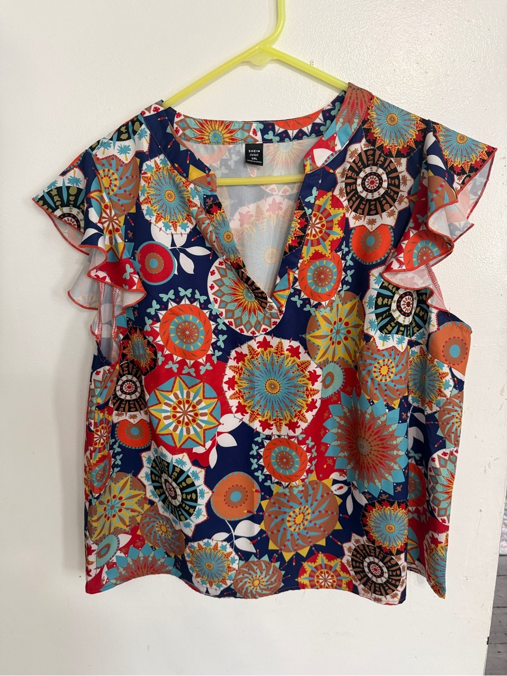 SHEIN Navy Multi-Color Medallion Flutter Sleeve Blouse